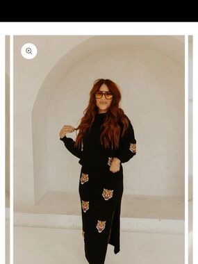 Black Two-Piece Sweater & Skirt Set with Embroidered Tiger Patches
